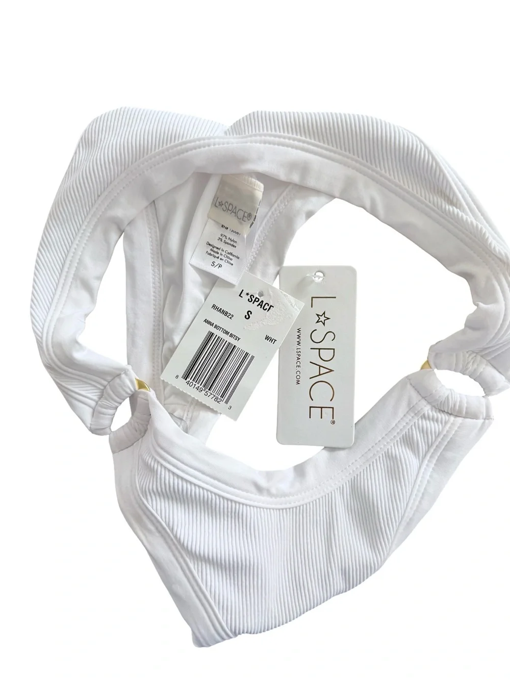 L*Space Anna Bitsy Cut White Ribbed Bikini Swim Bottom NWT Size S